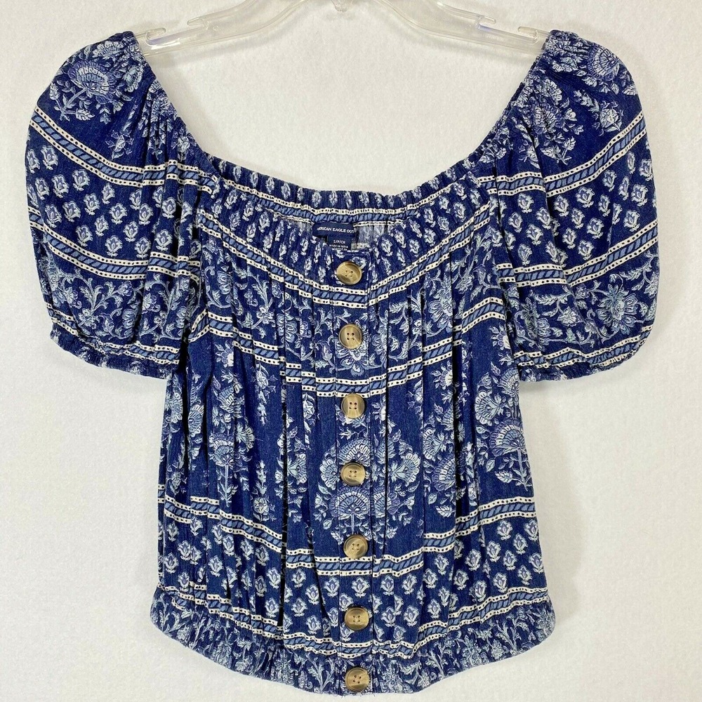 American Eagle Women Small Crop Top Blue Boho Off Shoulder Elastic Waist Floral